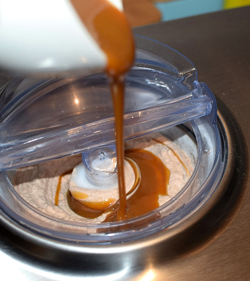 Pouring Caramel into Cookie Dough Ice Cream