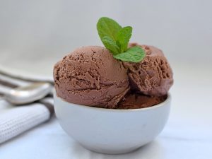 Chocolate ice cream with mint garnish