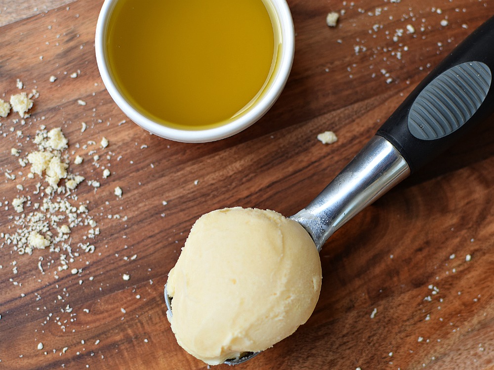 Olive oil ice cream sprinkled with Parmesan