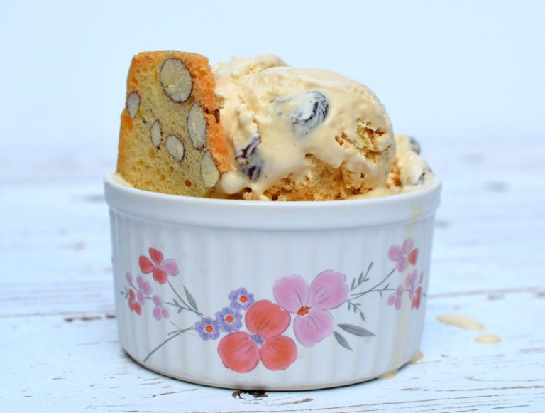 Rum and raisin ice cream in a bowl