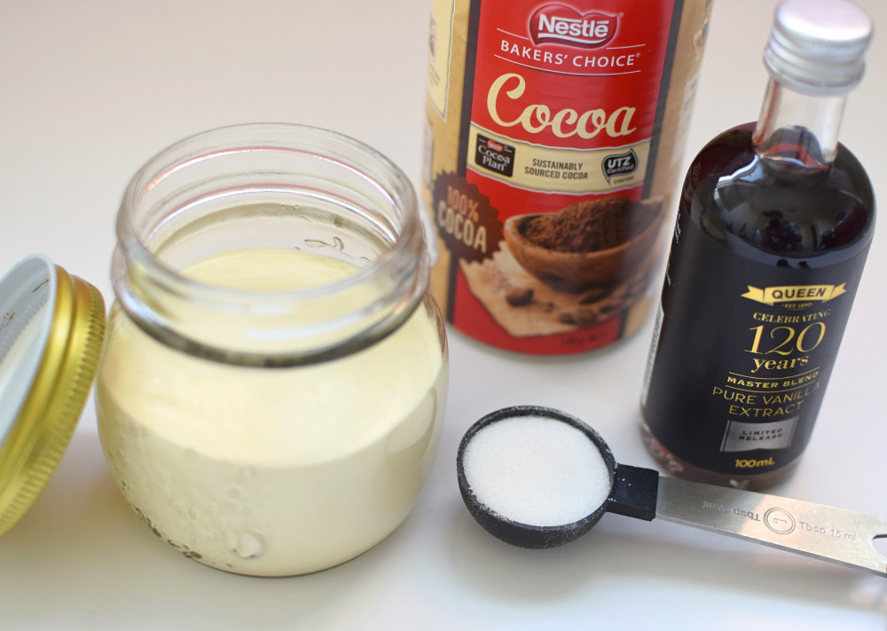 Ingredients to make chocolate ice cream in a jar.