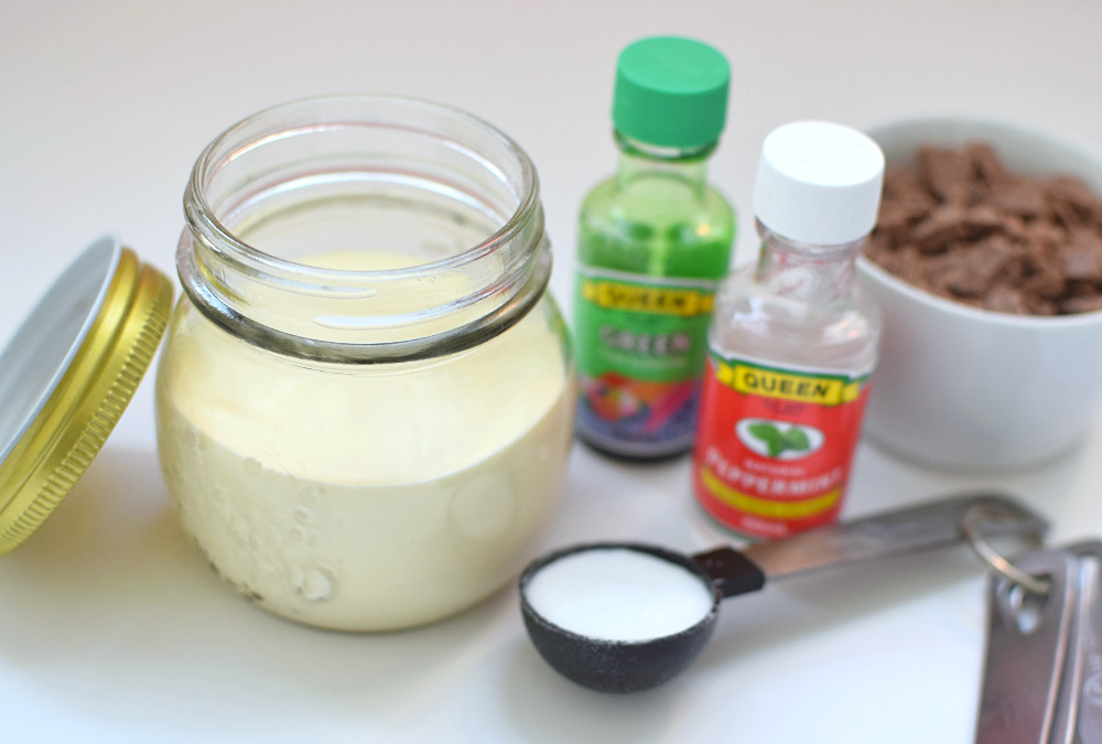 Ingredients to make mint chocolate chip ice cream in a jar.