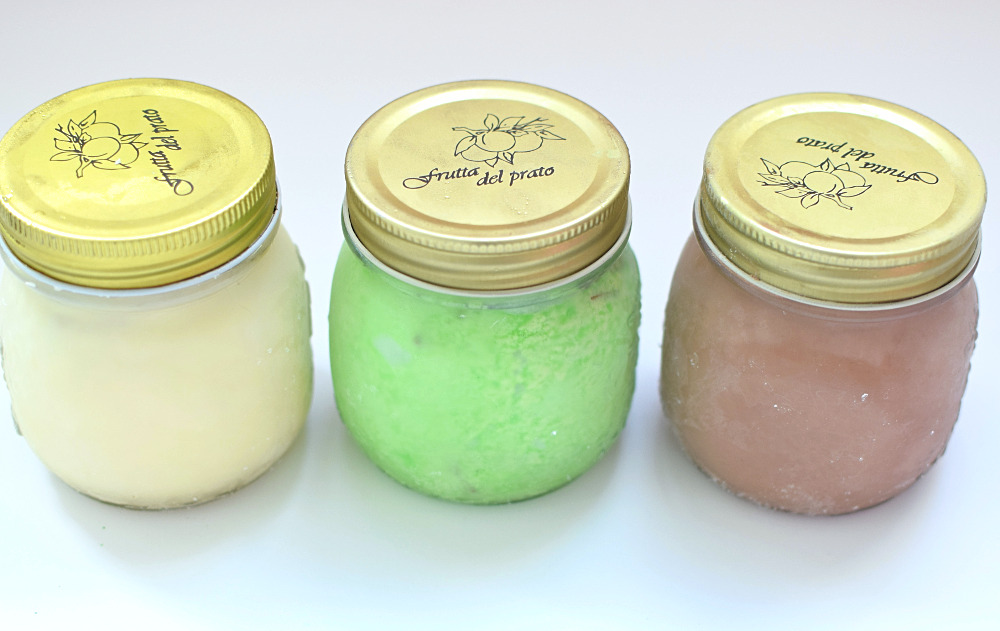 Mason jar ice cream flavours: chocolate, mint choc chip and vanilla.