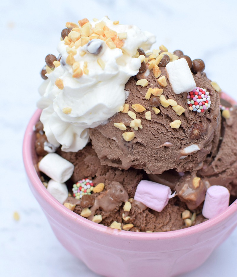 Rocky road ice cream in bowl