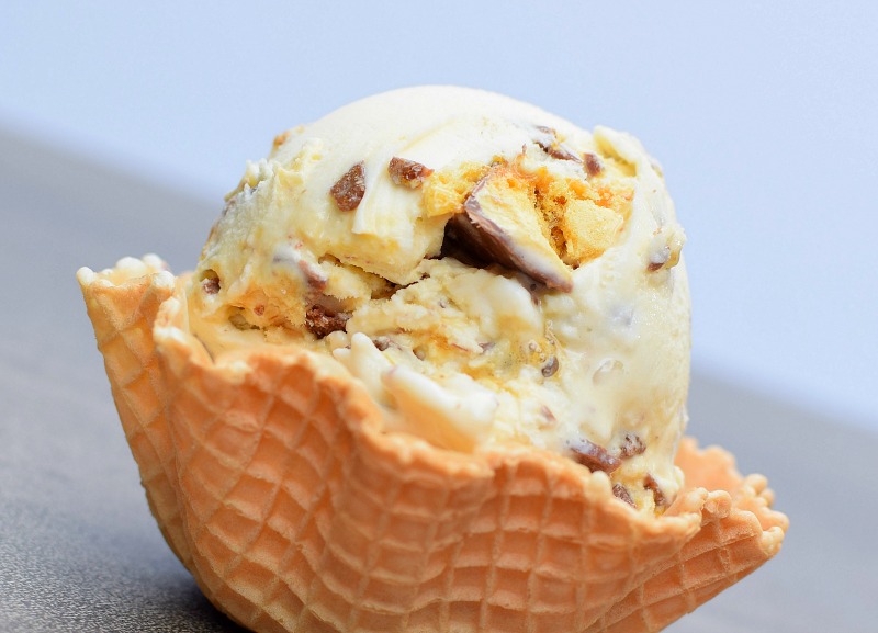 A waffle filled with crunchie ice cream