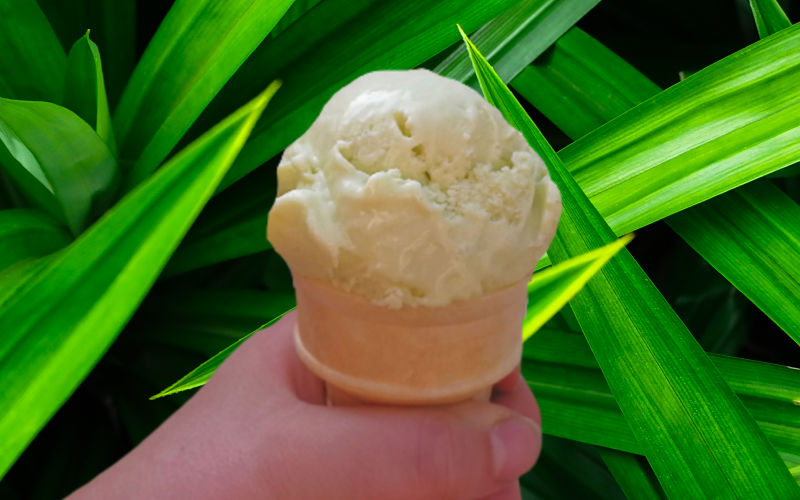 A scoop of pandan ice cream in a cone