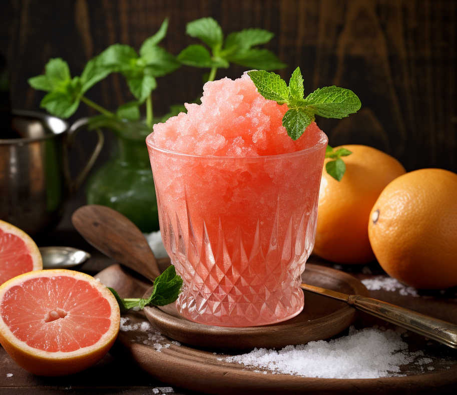 A glass of Aperol and Grapefruit Granita with a mint leaf garnish.