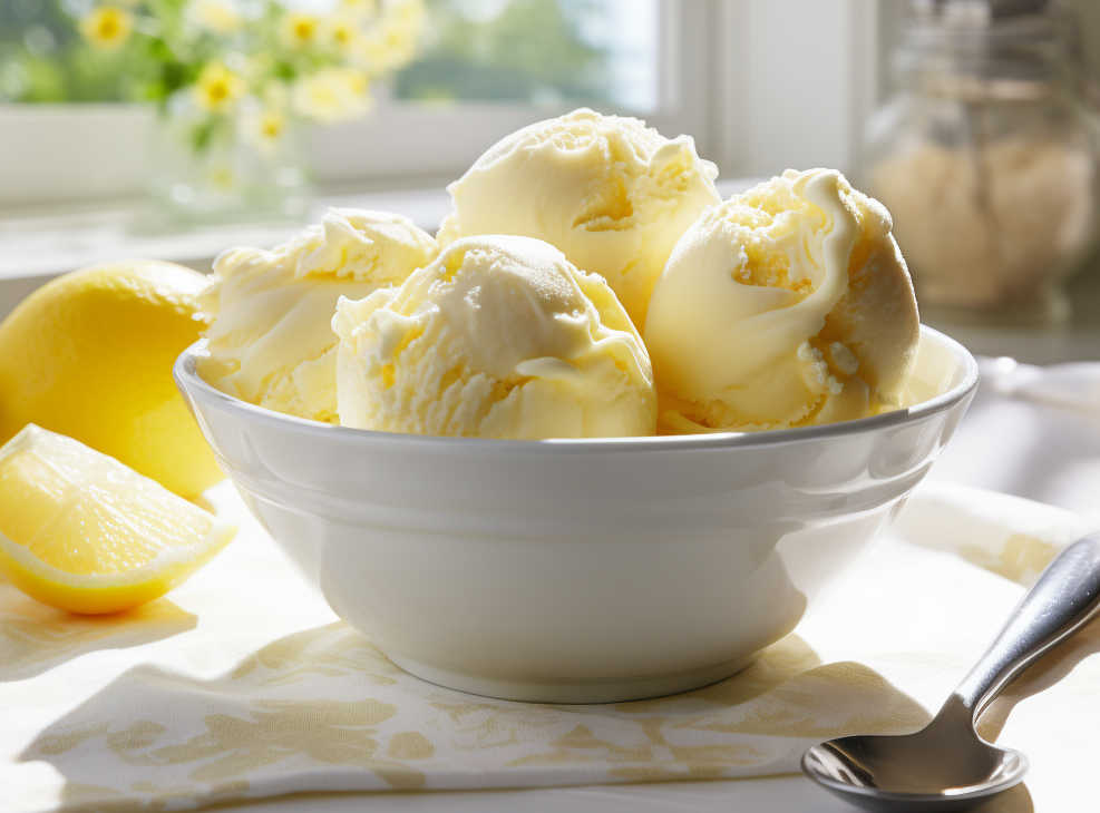 Scoops of homemade lemon ice cream in a bowl.
