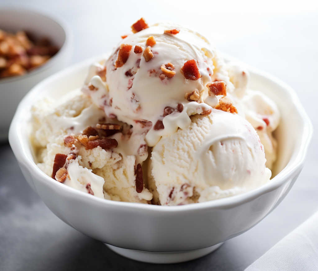 Scoops of maple bacon ice cream in a bowl.