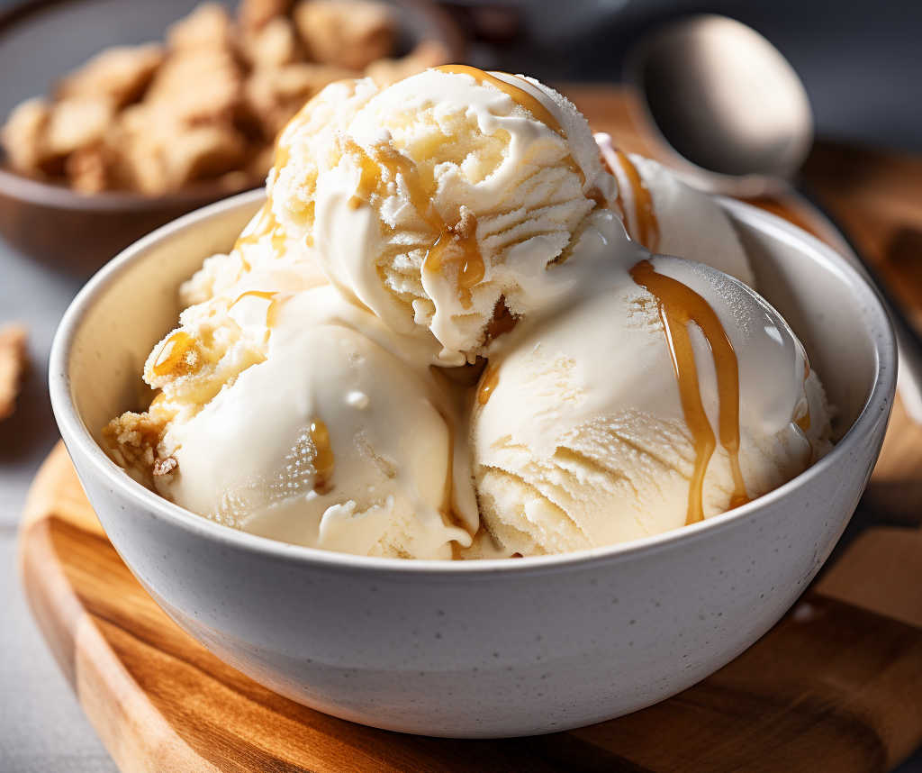 Scoops of homemade maple ice cream in a bowl.