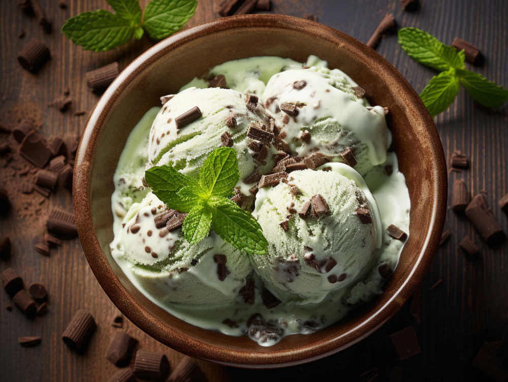 Top down photo of fresh scoops of mint ice cream with chocolate chips in and bowl.