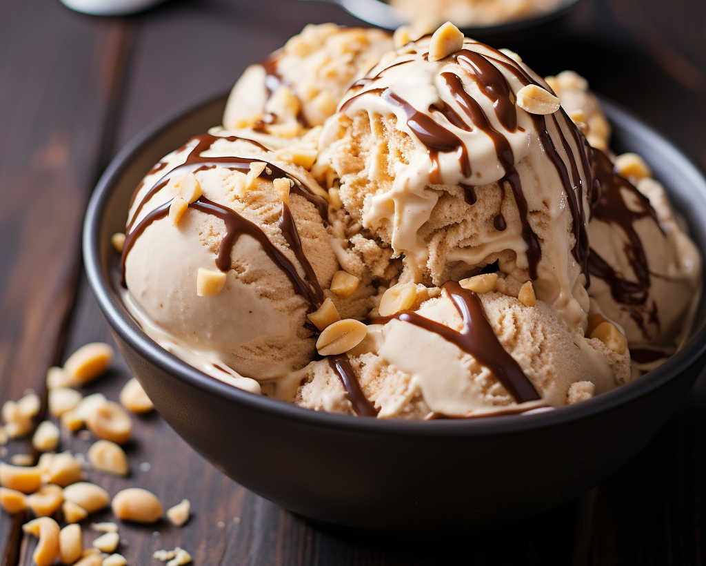 Scoops of peanut butter ice cream in a bowl