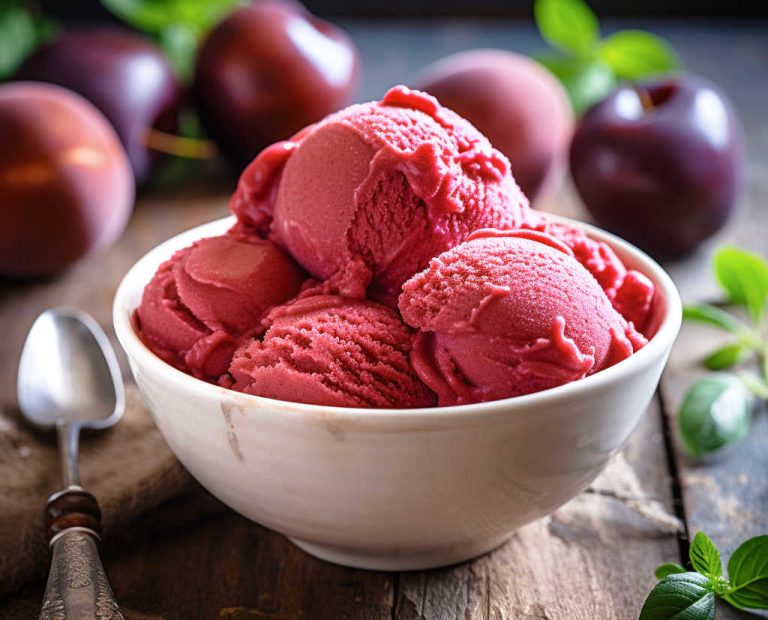 Scoops of plum sorbet in a white bowl.