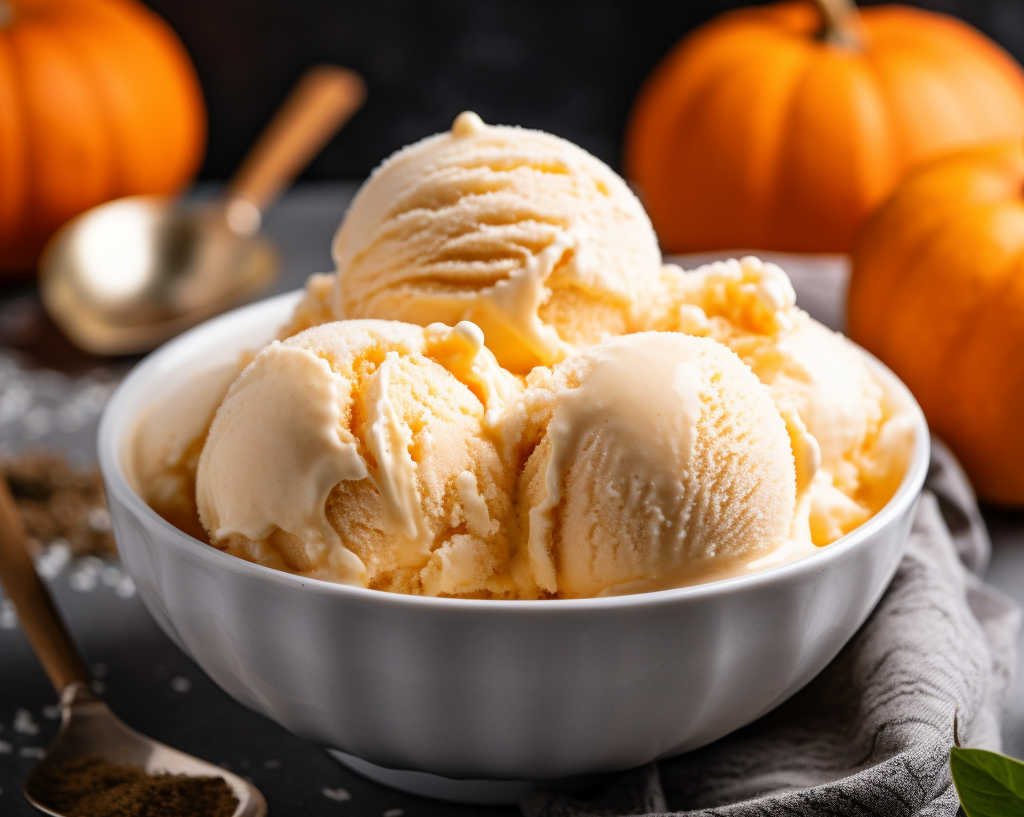 A bowl of pumpkin ice cream with pumpkins in the background.