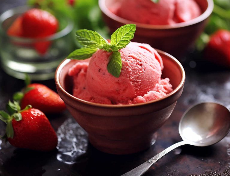 Strawberry sorbet in a bowl.