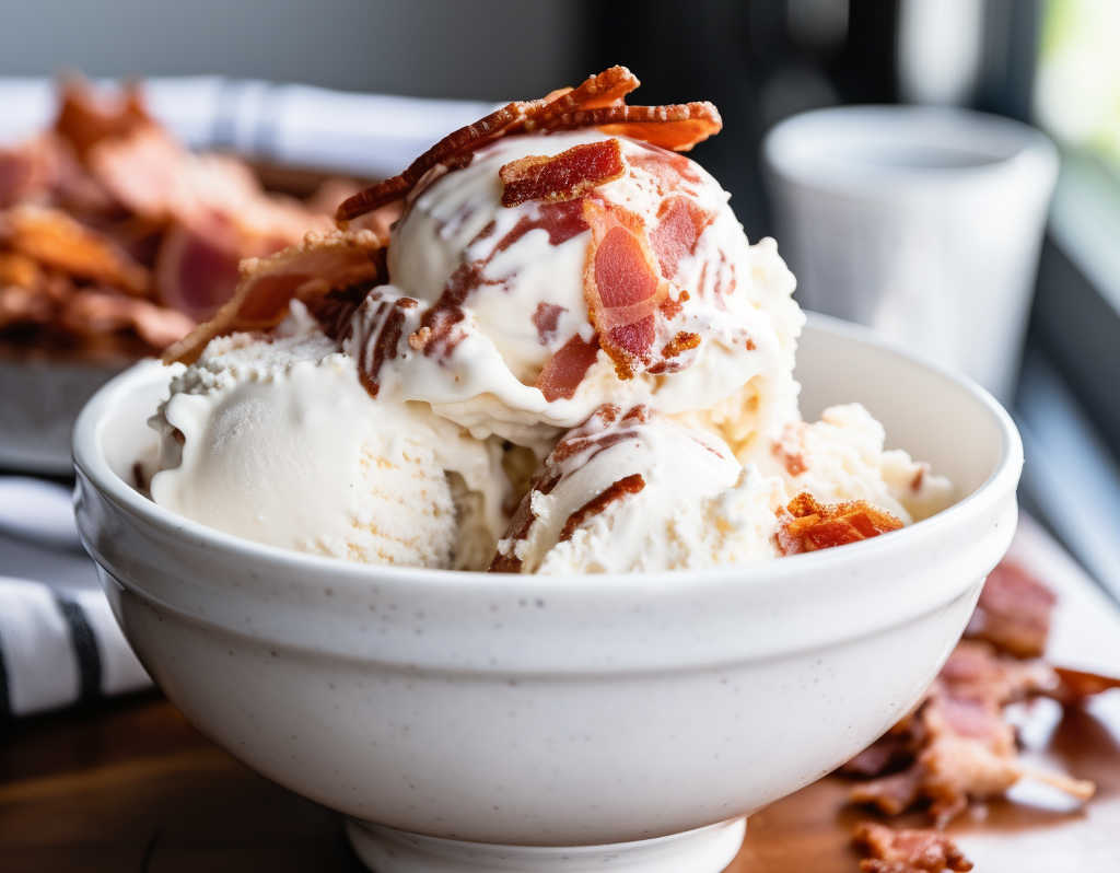 Close-up photo of maple bacon ice cream in bowl.
