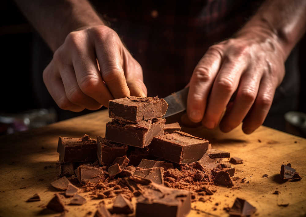Chopping dark chocolate on a board