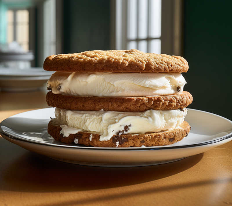 A double decker ice cream sandwich filled with creamy ice cream
