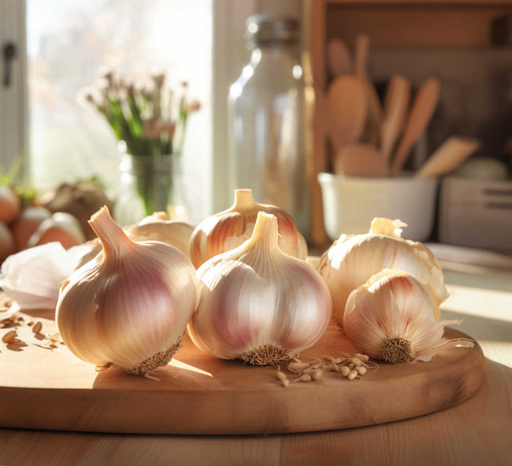 Several garlic heads on a wooded chopping board