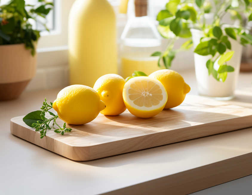 Fresh lemons on a chopping board.
