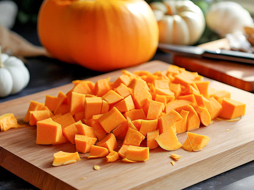 Freshly chopped pumpkin pieces ready to cook.