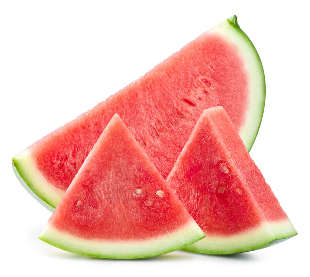 Slices of fresh watermelon on a white background.