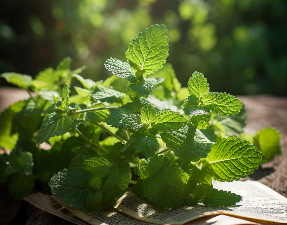 A bunch of fresh mint on some newspapers outside