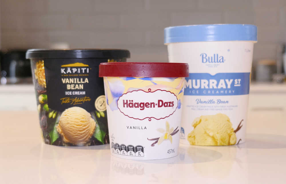 Tubs of Murray St, Haagen-Dazs, and Kapiti ice cream on a kitchen bench.