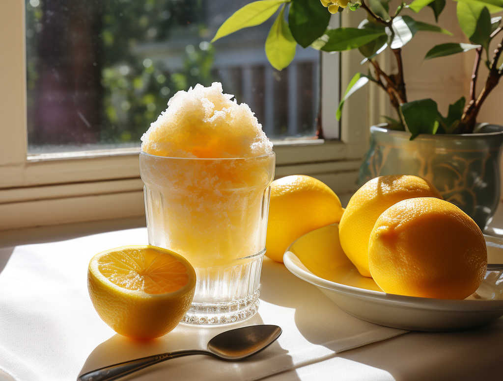 A glass of lemon granita with fresh lemons nearby.