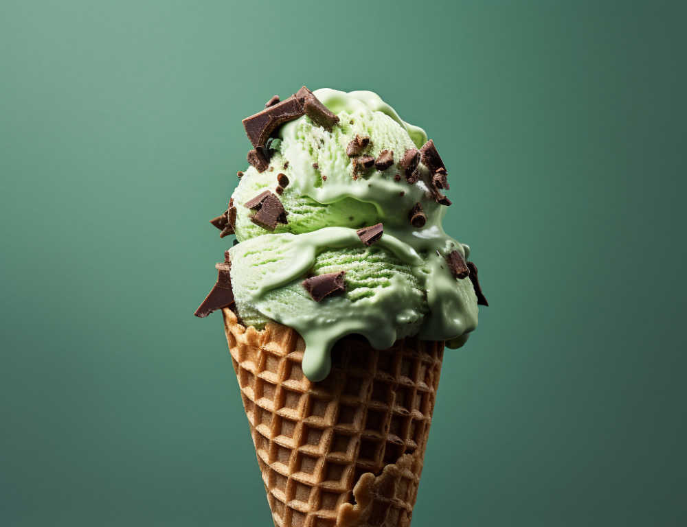 Mint choc chip ice cream in a waffle cone with a green background