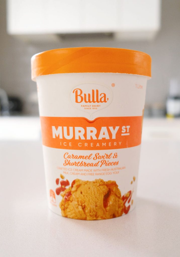 A front of pack shot of the Murray St Ice Creamery Caramel variant on a bench.