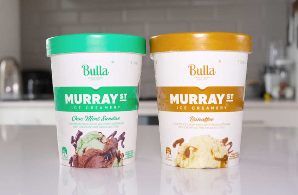 Murray St Choc Mint & Banoffee Ice Cream Tubs side by side on a countertop.