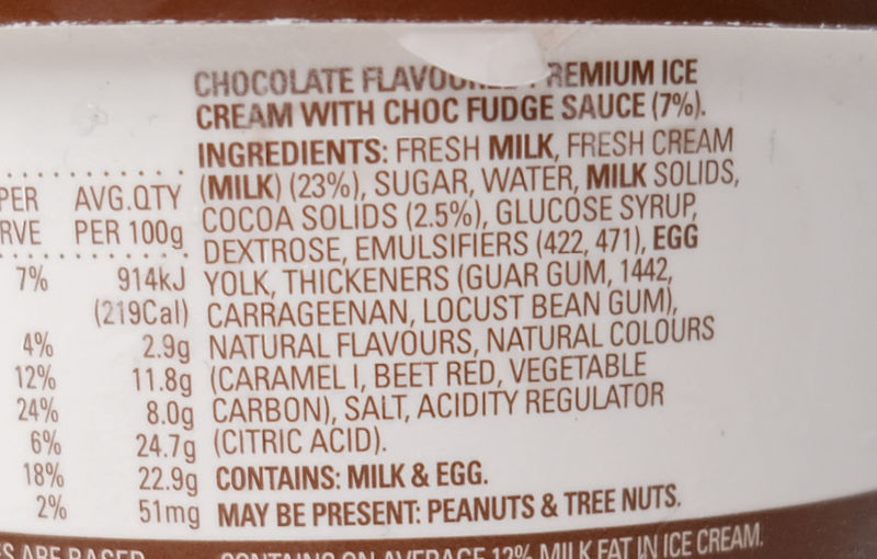 An ingredients list for the Murray St Creamery Chocolate & Fudge Ripple Ice Cream
