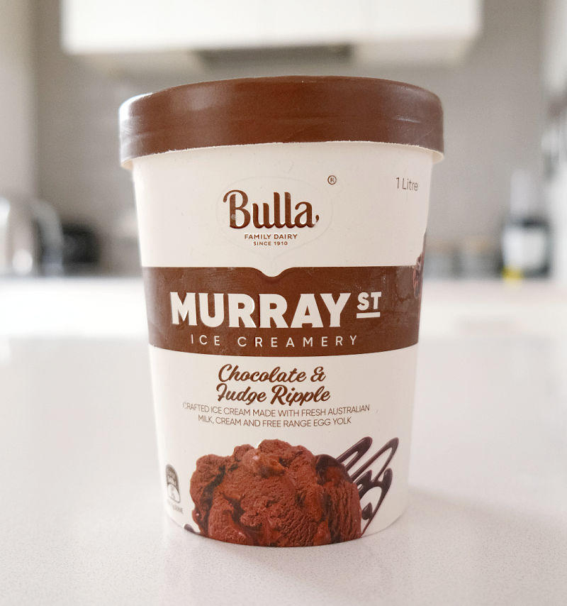 A front of pack shot of the Murray St Choc Ice Cream on a bench in the kitchen.