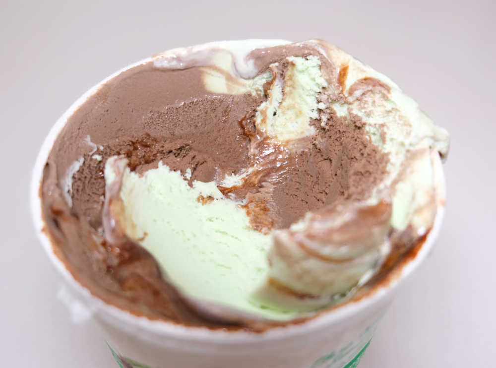 Angled top-down image of Murray St Ice Cream, Mint Choc Sundae Flavour.