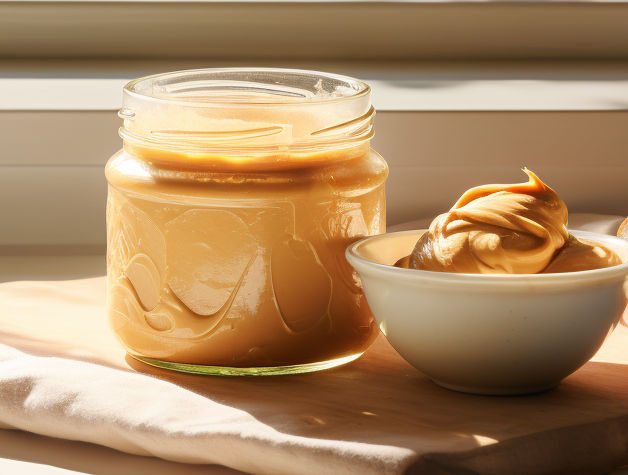A jar of smooth peanut butter on a bench.