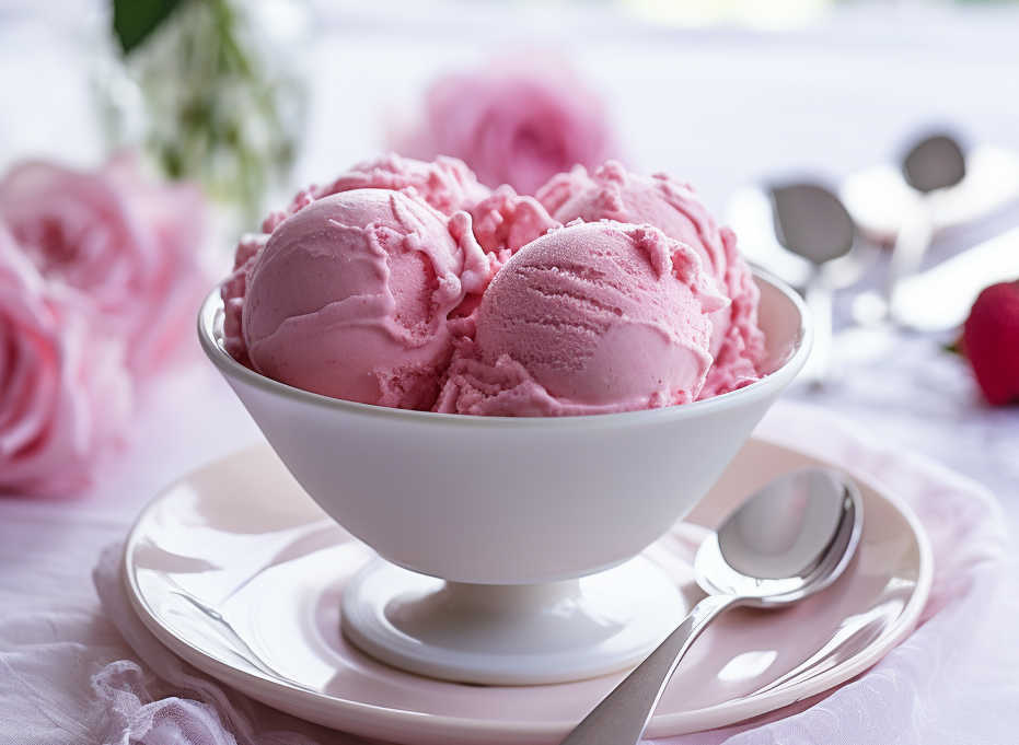 A bowl of rose ice cream on a table.