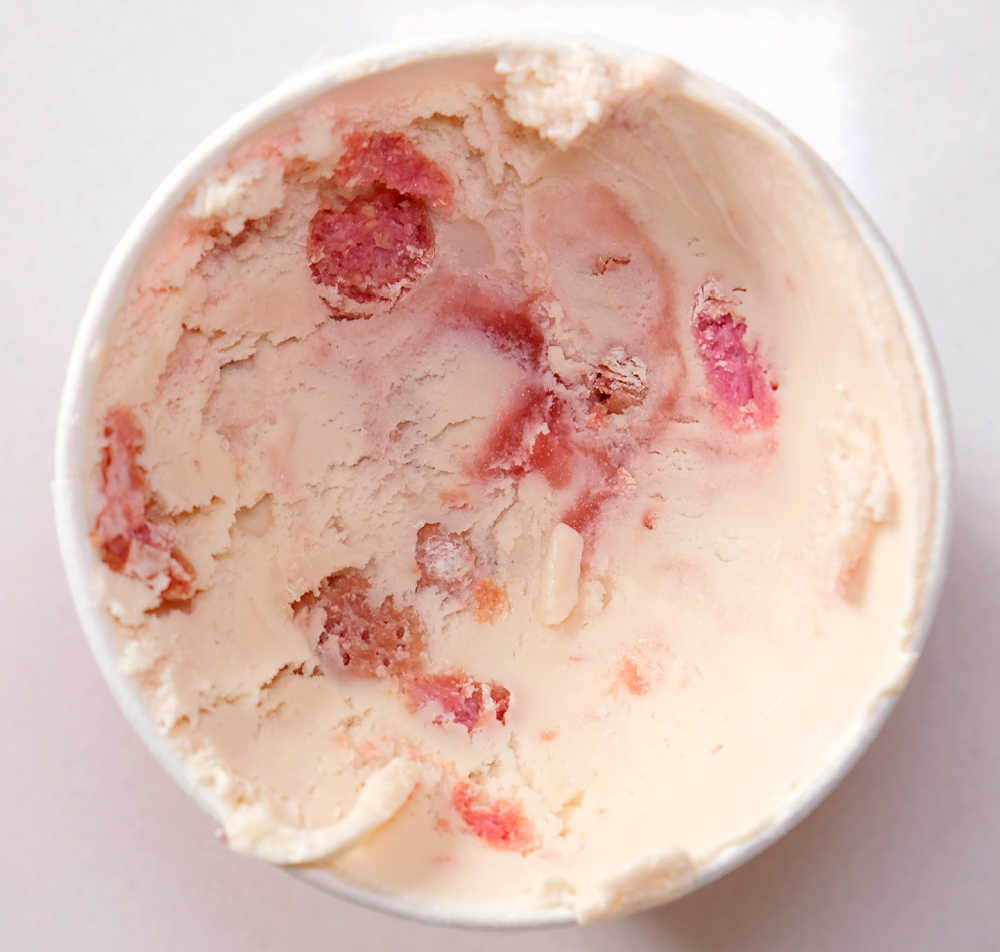 A birds-eye image of the strawberry raspberry ice cream in collaboration with Pierre Herme Paris.
