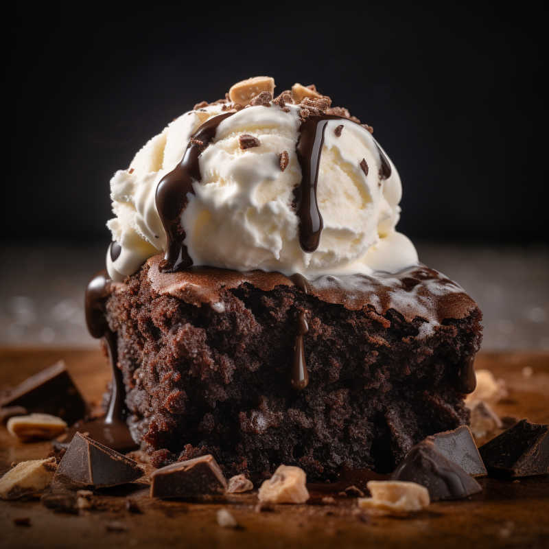 A chunky brownie with a dollop of ice cream on top