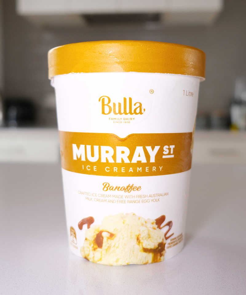 A vertical front of pack shot of the Murray St Ice Creamery Banoffee flavour.