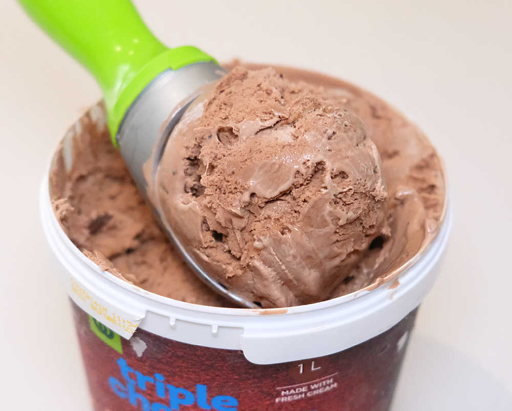 Closeup of a scoop of Woolworths Triple Chocolate Ice Cream.