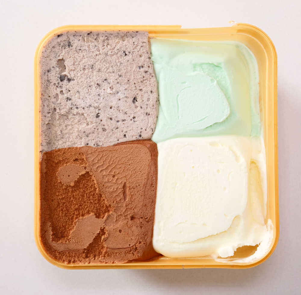 Top-down picture of a tub of Much Moore Awesome Foursome Family Classic Ice Cream.