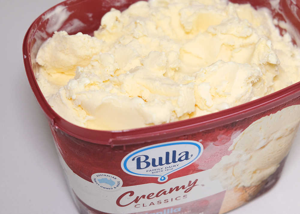 A close look at the texture of Creamy Classics Vanilla Ice Cream.