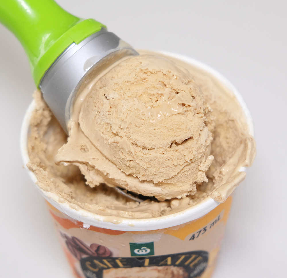 A bird's eye photo of a scoop of Woolworths Coffee and Biscuits Ice Cream.