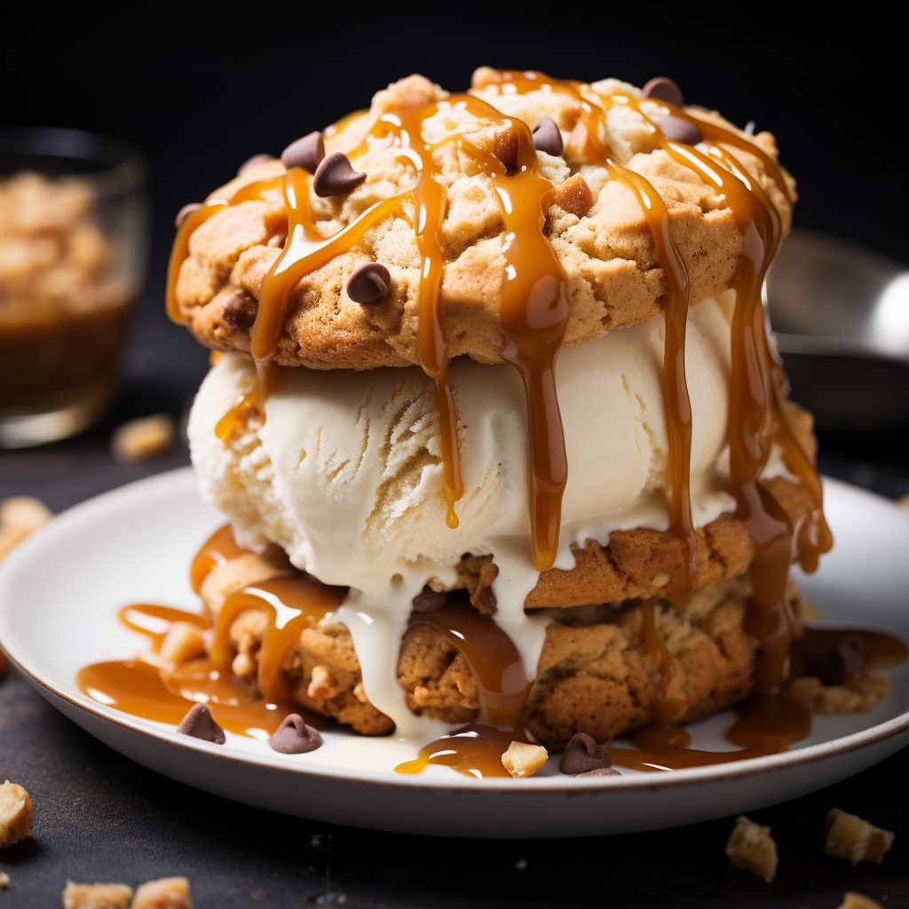 Salted caramel ice cream wedged between cookies.