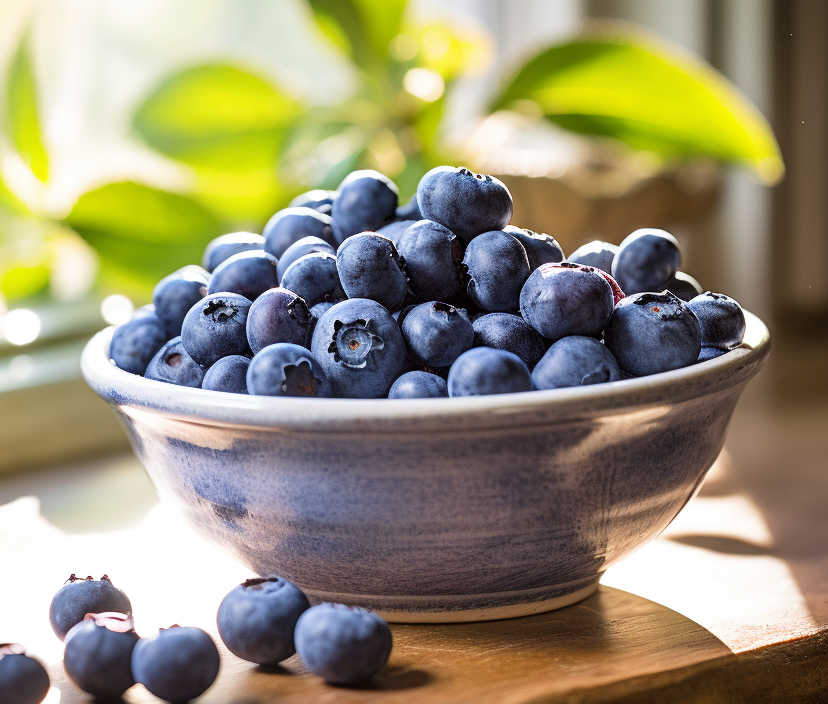 A bowl of fresh blueberries on a sunlit bench.