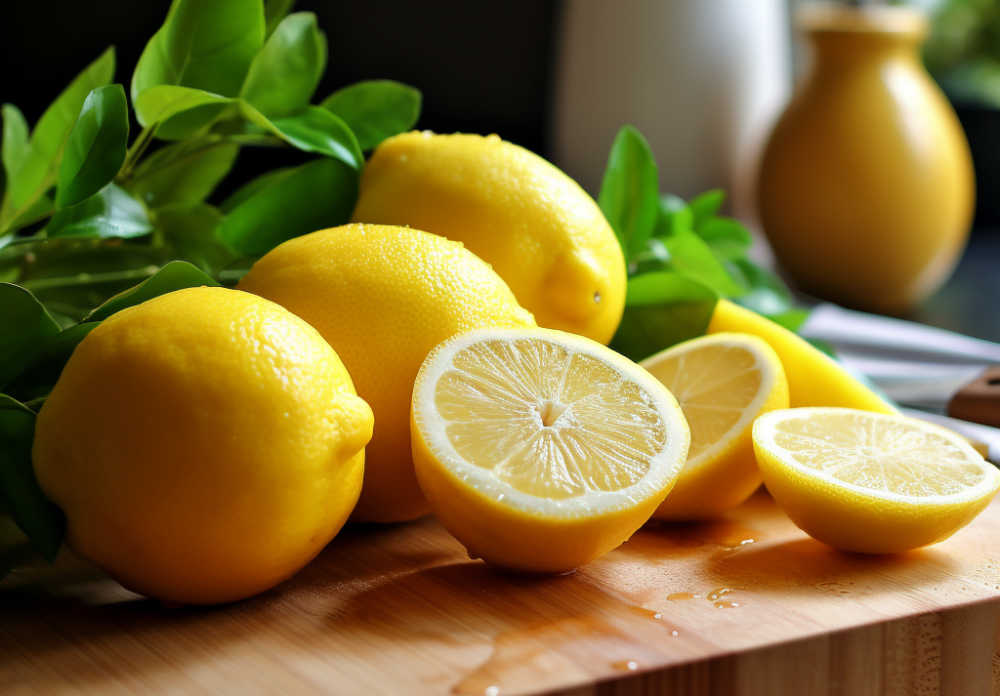 Fresh lemons sliced in half on a chopping board.