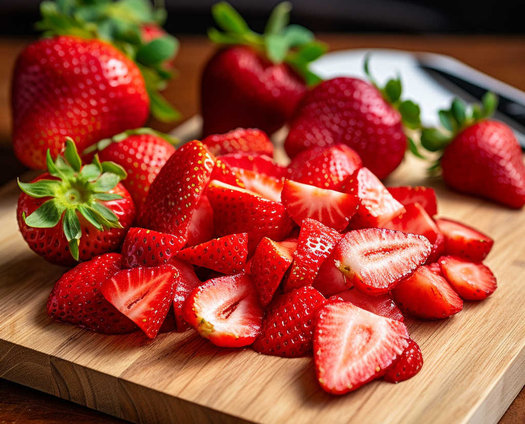 Sliced fresh strawberries on a chopping board.