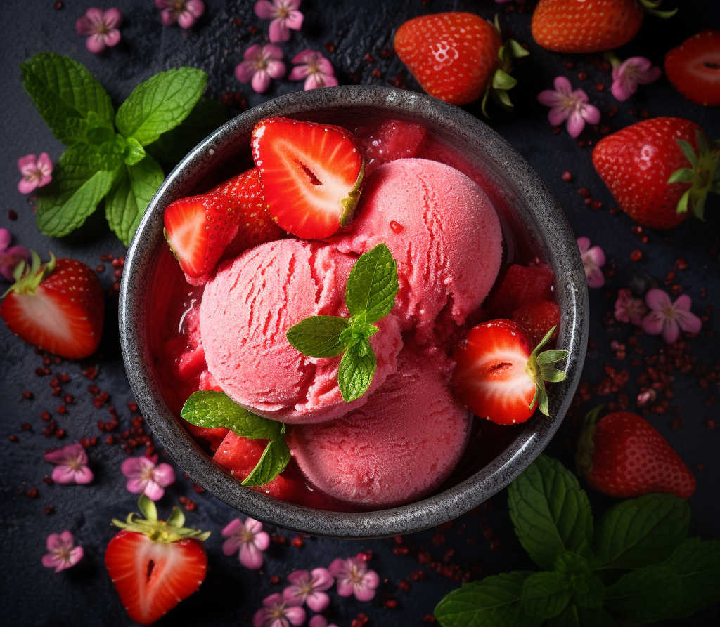 Top down image of strawberry sorbet in a bowl.