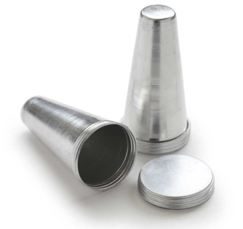 Stainless steel kulfi moulds on a white background.